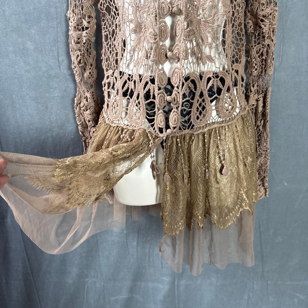 Ryu Crochet Lace Tiered Dress Cardigan Brown S/M NWT Y2K Fairycore Boho Festiva - Picture 8 of 16